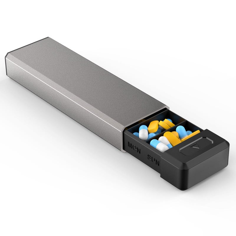 HEIYING Pill Organiser with Aluminum Shell for One Week Capacity, Portable 7 Compartments Pill Box Container to Hold Vitamin, Medicine, Supplements.